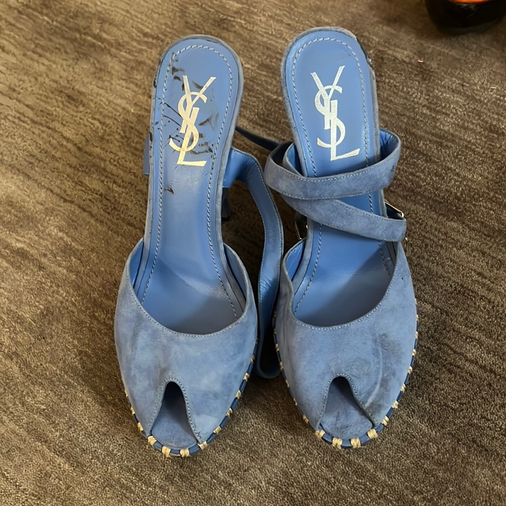 Yves Saint Laurent Blue suede strappy platform pumps size 38.5